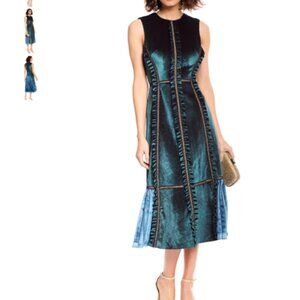 Self Portrait - Two Tone Velvet Midi Dress - Forest Green - S